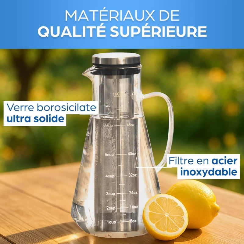 Carafe Infusion à Froid 1.6L avec Infuseur Inox – Bouteille Thé Glacé en Verre, Cruche avec Filtre Fruits, Eau, Jus, Limonade – Couvercle Hermétique