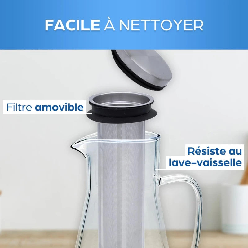 Carafe Infusion à Froid 1.6L avec Infuseur Inox – Bouteille Thé Glacé en Verre, Cruche avec Filtre Fruits, Eau, Jus, Limonade – Couvercle Hermétique