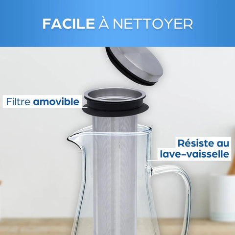 Carafe Infusion à Froid 1.6L avec Infuseur Inox – Bouteille Thé Glacé en Verre, Cruche avec Filtre Fruits, Eau, Jus, Limonade – Couvercle Hermétique