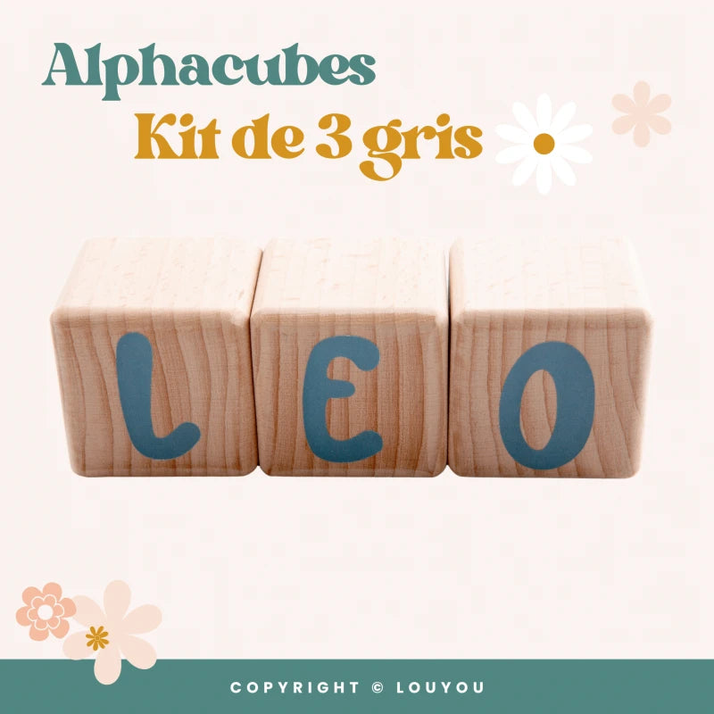 3 Cubes en Bois de 5cm x 5cm + 47 Stickers Gris