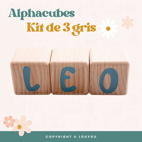 3 Cubes en Bois de 5cm x 5cm + 47 Stickers Gris