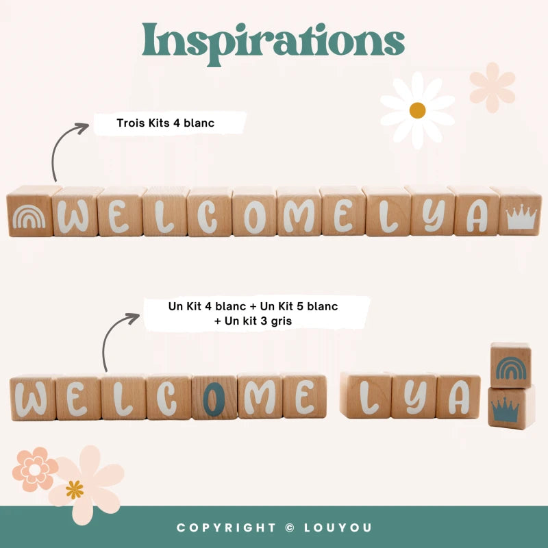 5 Cubes en Bois de 5cm x 5cm + 66 Stickers noirs