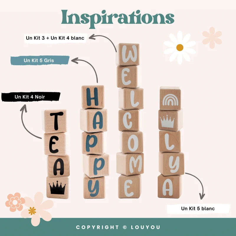 5 Cubes en Bois de 5cm x 5cm + 66 Stickers noirs