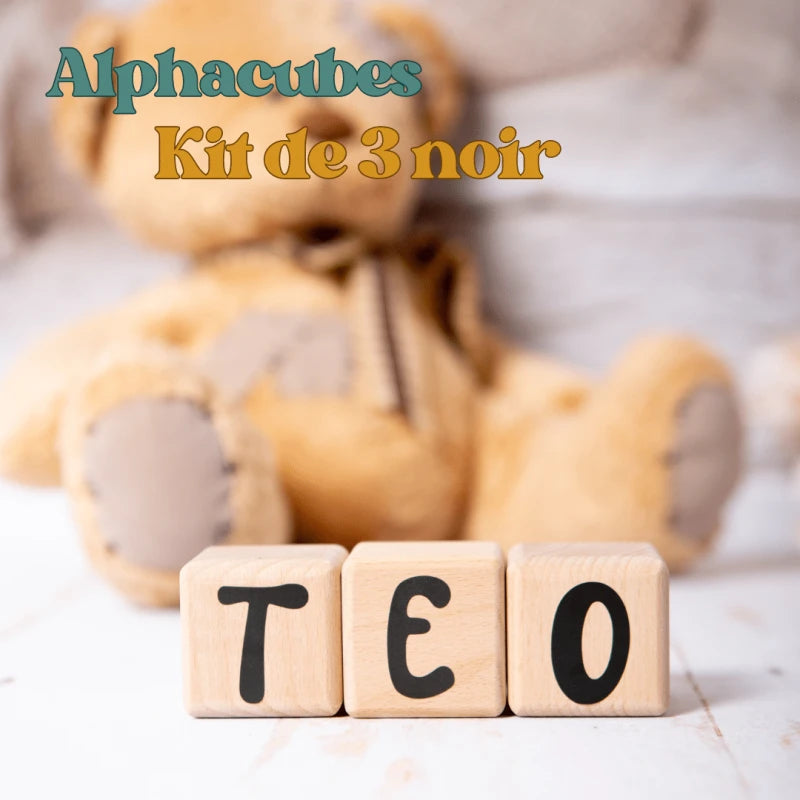 3 Cubes en Bois de 5cm x 5cm + 47 Stickers noirs