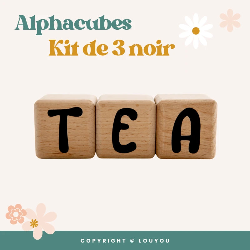 3 Cubes en Bois de 5cm x 5cm + 47 Stickers noirs