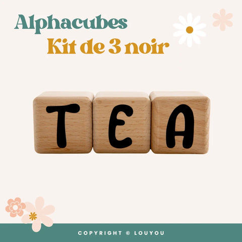 3 Cubes en Bois de 5cm x 5cm + 47 Stickers noirs