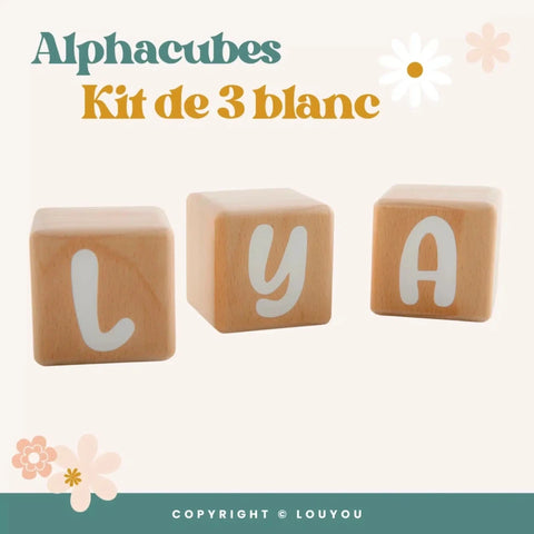 3 Cubes en Bois de 5cm x 5cm + 47 Stickers blancs