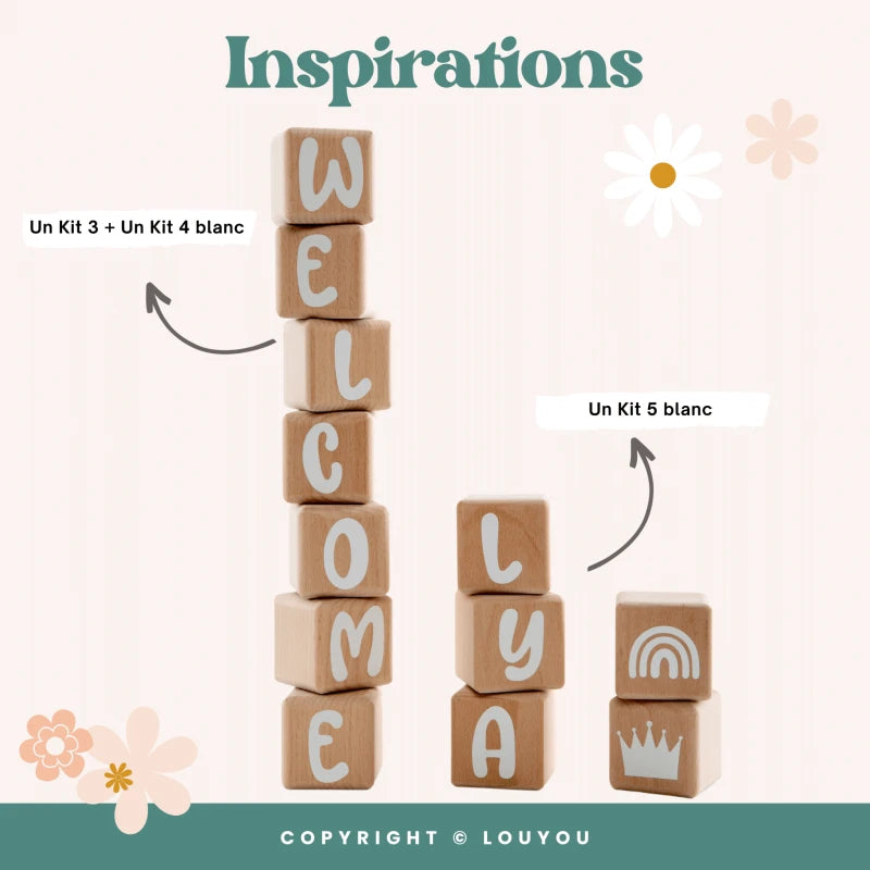 3 Cubes en Bois de 5cm x 5cm + 47 Stickers blancs