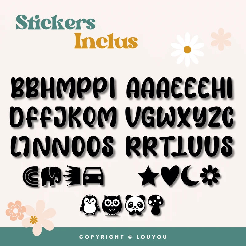 4 Cubes en Bois de 5cm x 5cm + 55 Stickers noirs