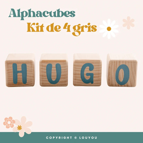 4 Cubes en Bois de 5cm x 5cm + 55 Stickers gris