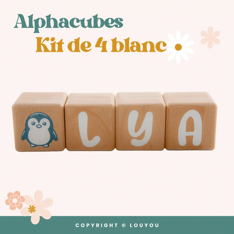 4 Cubes en Bois de 5cm x 5cm + 55 Stickers blancs