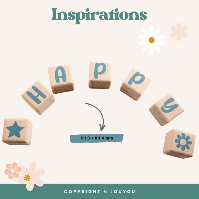 4 Cubes en Bois de 5cm x 5cm + 55 Stickers blancs