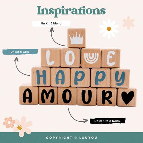 4 Cubes en Bois de 5cm x 5cm + 55 Stickers blancs