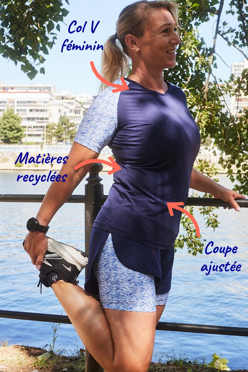 T shirt sport femme col V "Nouvelle Vague" - Technique, féminin et recyclé, écoresponsable