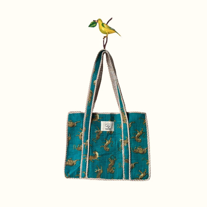 Petit tote bag fermeture "Dancing tiger in the bleu"