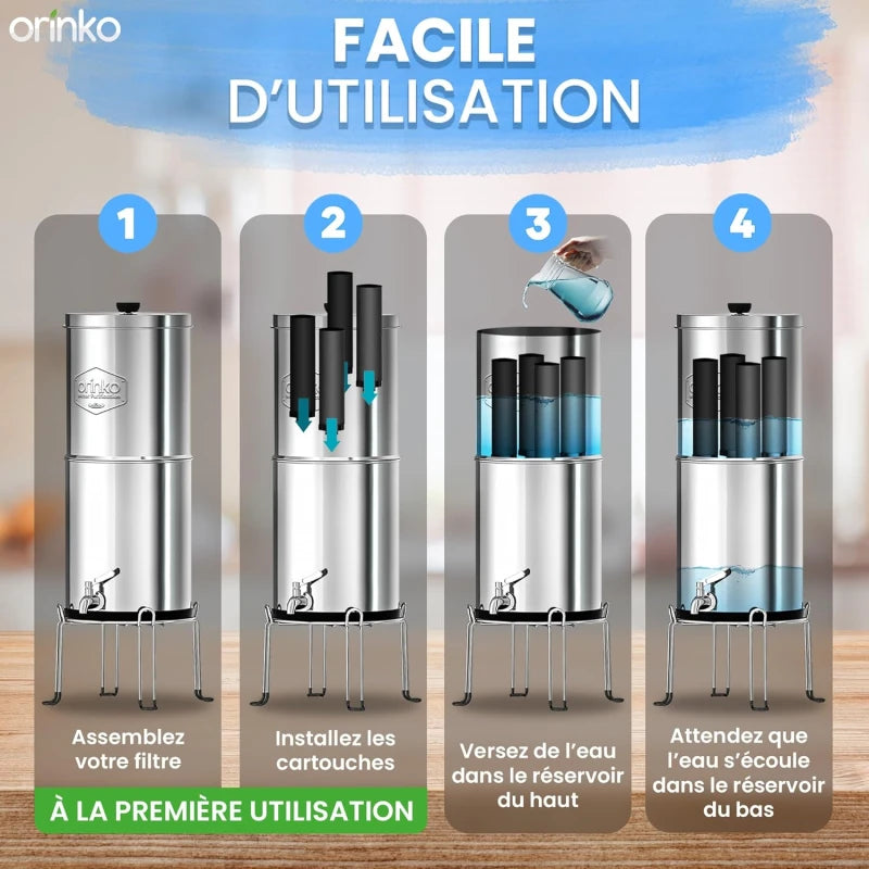 Filtre à Eau par Gravité 8,5L avec 4 Cartouches - Purificateur d'Eau avec Charbon Actif, Fontaine Filtrante pour Eau du Robinet, Eau de Pluie, Filtration Avancée