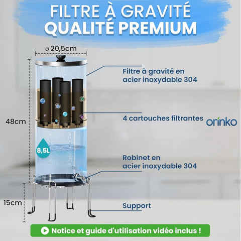 Filtre à Eau par Gravité 8,5L avec 4 Cartouches - Purificateur d'Eau avec Charbon Actif, Fontaine Filtrante pour Eau du Robinet, Eau de Pluie, Filtration Avancée