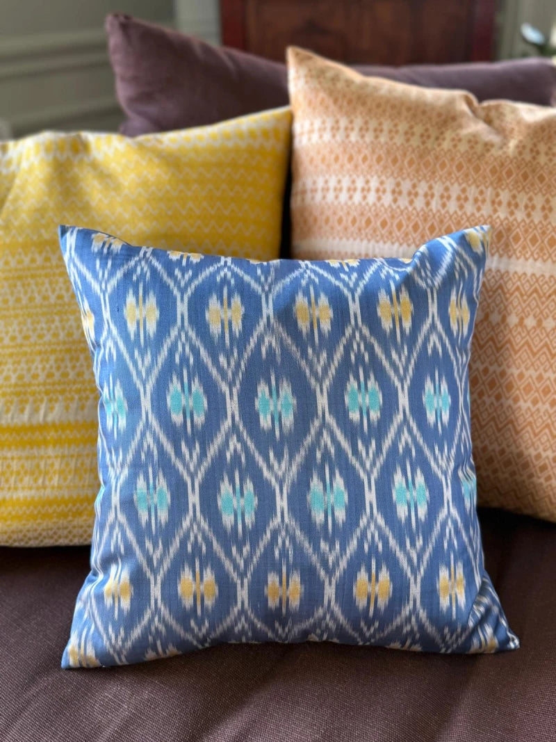 Housse de coussin Shan bleue et jaune