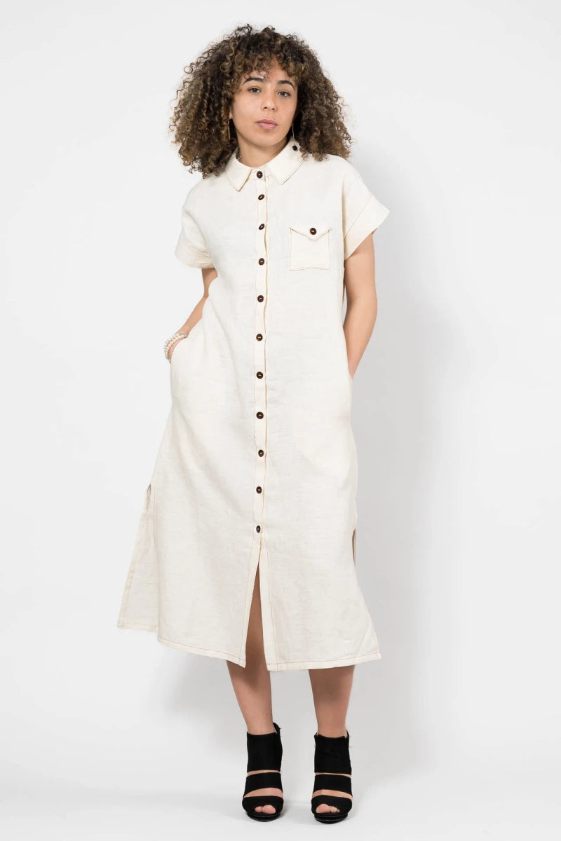 Linen Shirt Dress in Beige