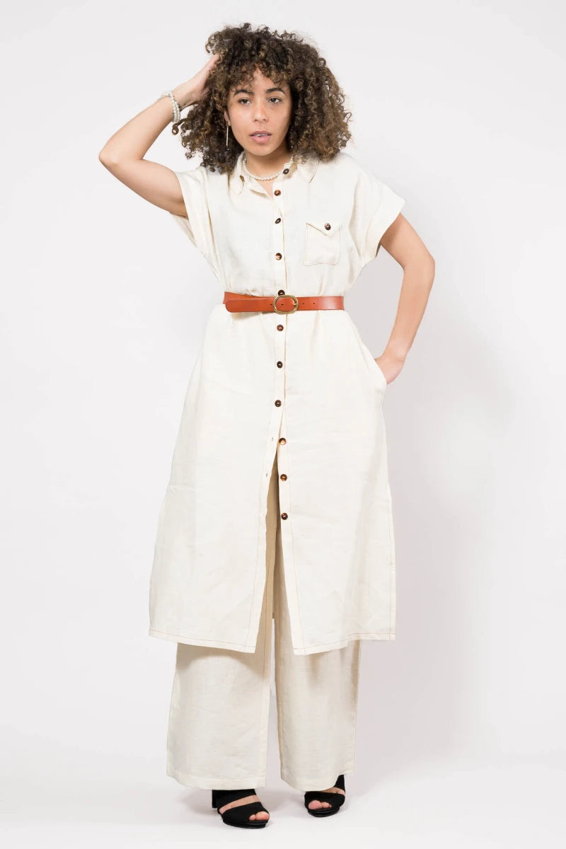 Linen Shirt Dress in Beige