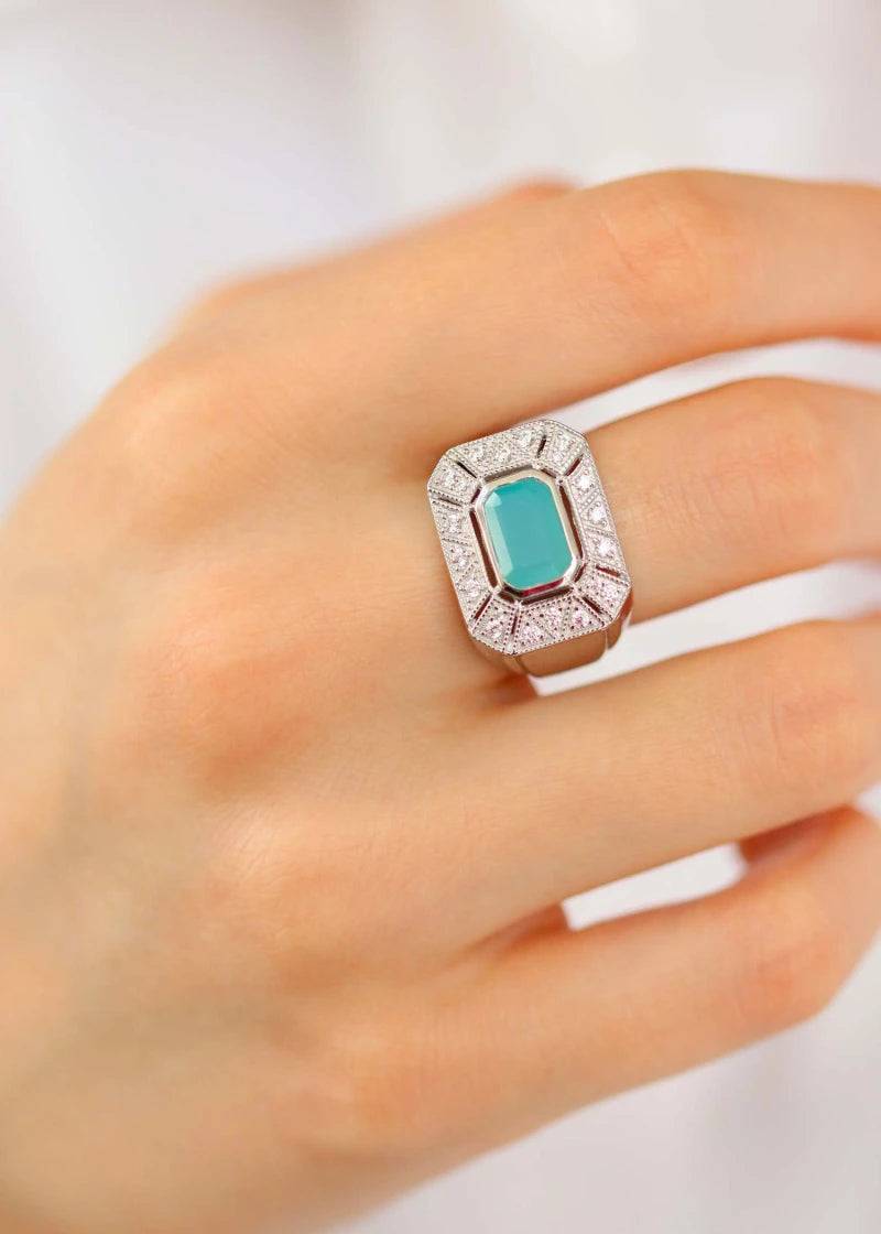 Bague Art Deco Angéline Argent et Calcédoine d'eau