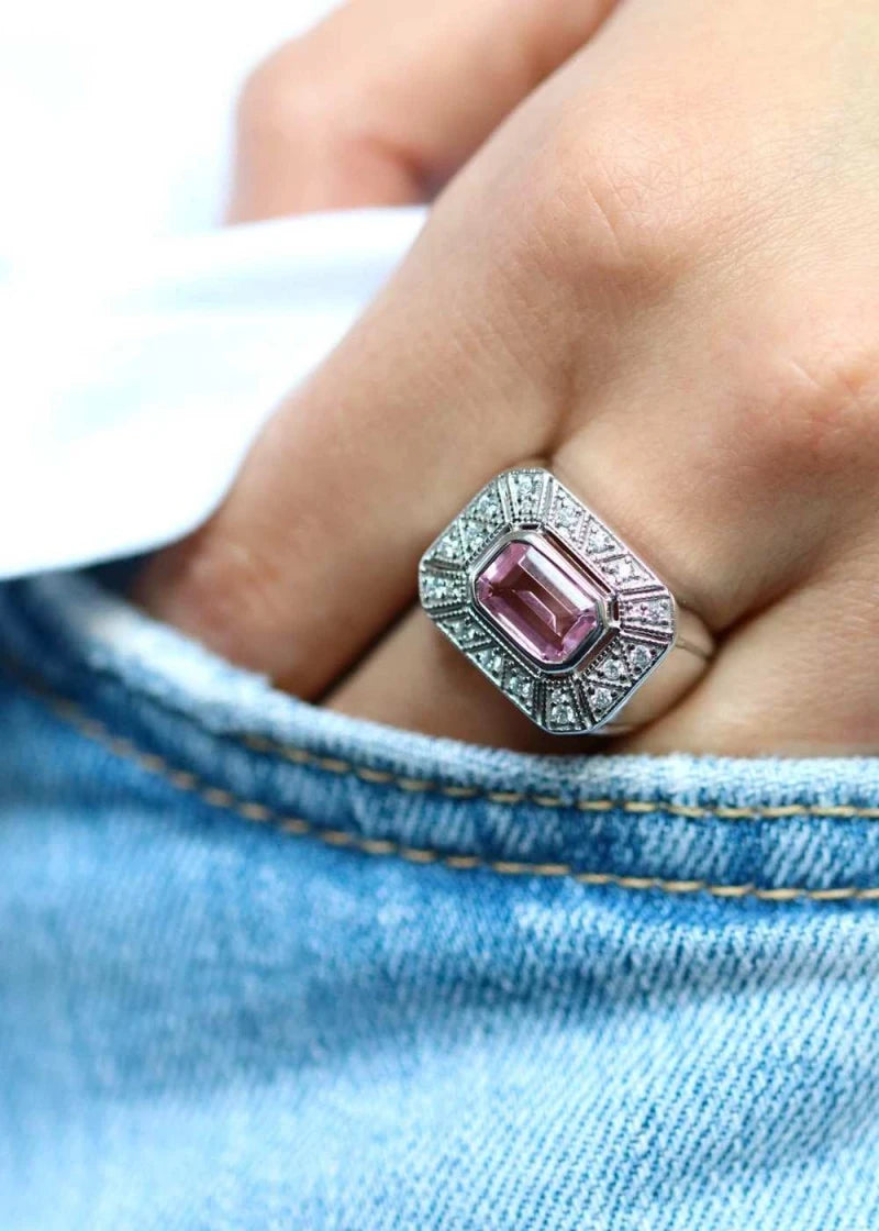 Bague Art Deco Angéline Argent et Quartz rose