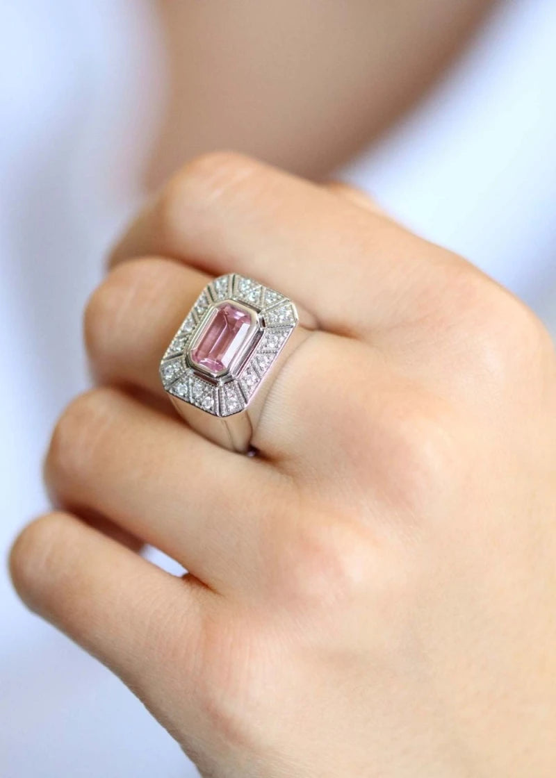 Bague Art Deco Angéline Argent et Quartz rose