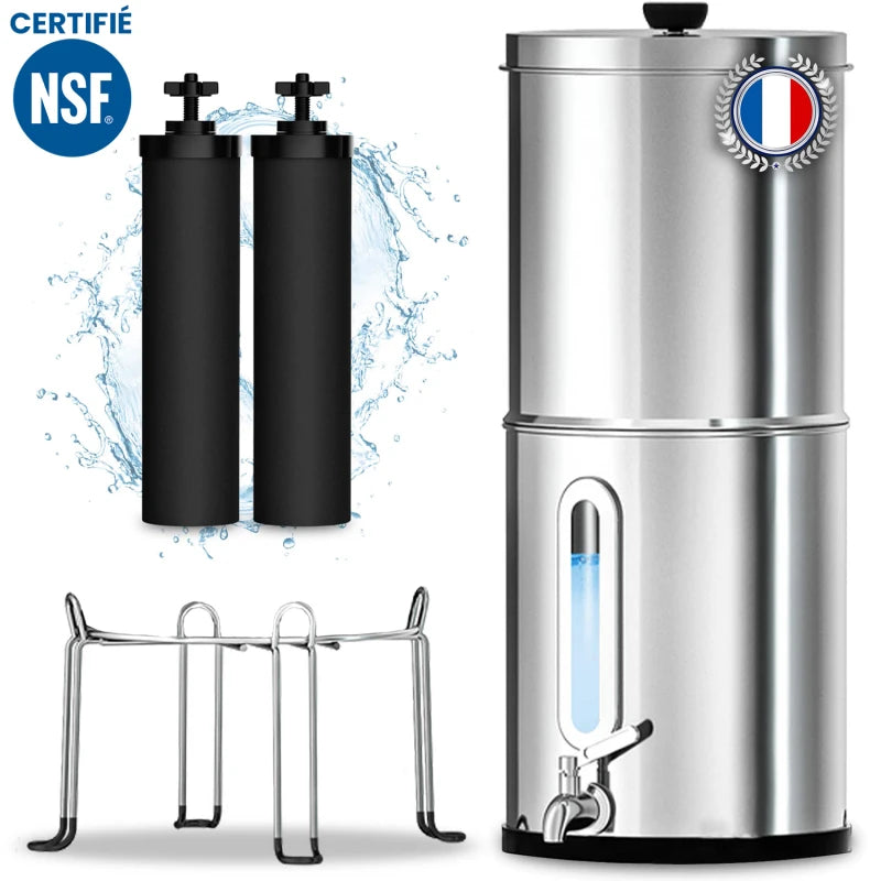 Filtre à Eau par Gravité 8,5 L, Purificateur d'Eau avec Charbon Actif, Fontaine Filtrante pour Eau du Robinet, Eau de Pluie et Plus, Filtration Avancée