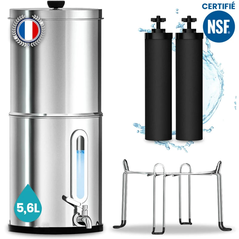 Filtre à Eau par Gravité 5,6 L - Purificateur d'Eau avec Charbon Actif, Fontaine Filtrante pour Eau du Robinet, Eau de Pluie, Filtration Avancée