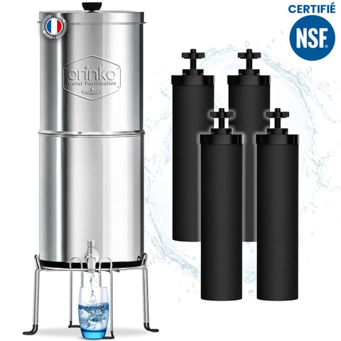 Filtre à Eau par Gravité 8,5L avec 4 Cartouches - Purificateur d'Eau avec Charbon Actif, Fontaine Filtrante pour Eau du Robinet, Eau de Pluie, Filtration Avancée