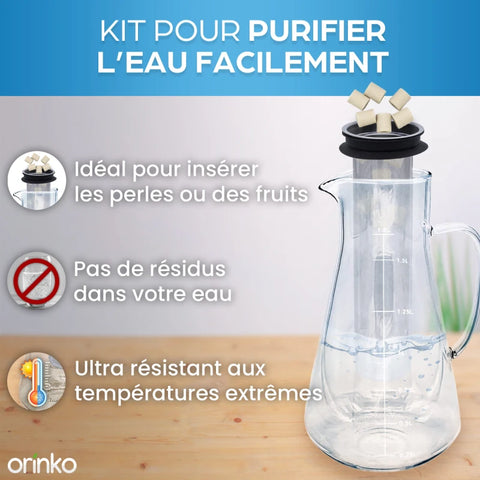 Kit de Purification d'Eau : Carafe en verre + Perles de Céramique x15