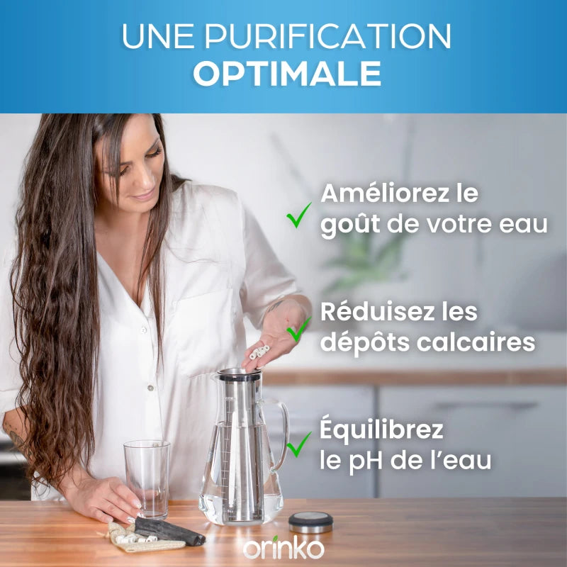 Kit de Purification d'Eau : Carafe en verre + Perles de Céramique x15
