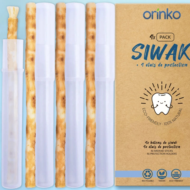 Siwak x4 avec 4 Étuis de Protection – Brosse à Dents 100% Naturelle – Nettoyant, Désinfectant et Blanchissant - Écologique, Biodégradable et Végan – Ebook Offert