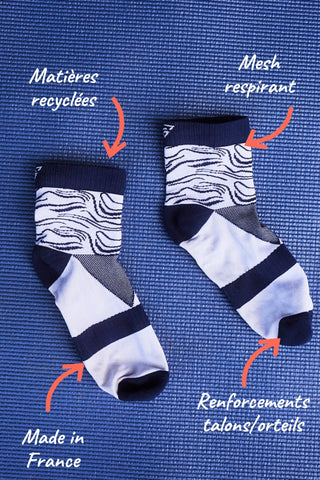 Chaussettes de sport femme mi-hautes "Vagues" – respirantes, anti-frottements, made in France & recyclées