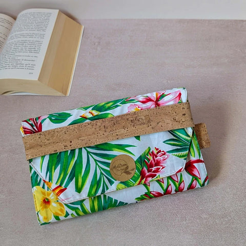 Pochette livre de poche : couvre livre artisanal en liège & tissus polynésiens