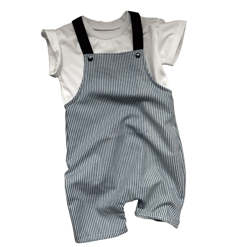 Salopette courte bébé rayée bleu & écru
