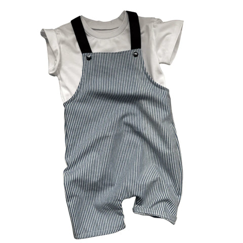 Salopette courte bébé rayée bleu & écru