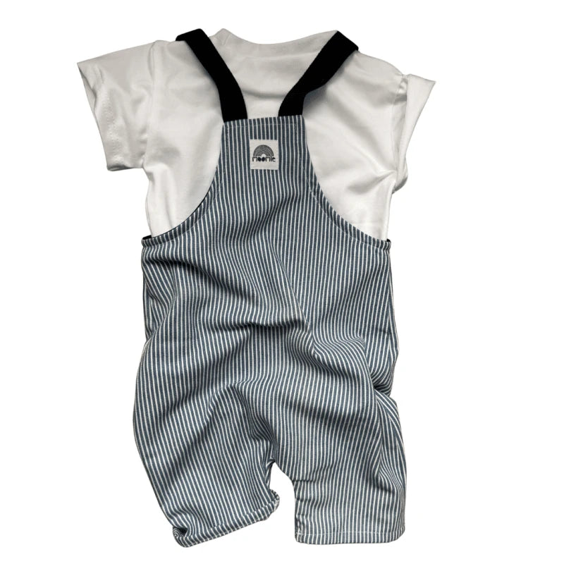 Salopette courte bébé rayée bleu & écru