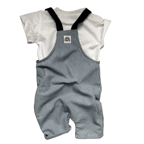 Salopette courte bébé rayée bleu & écru