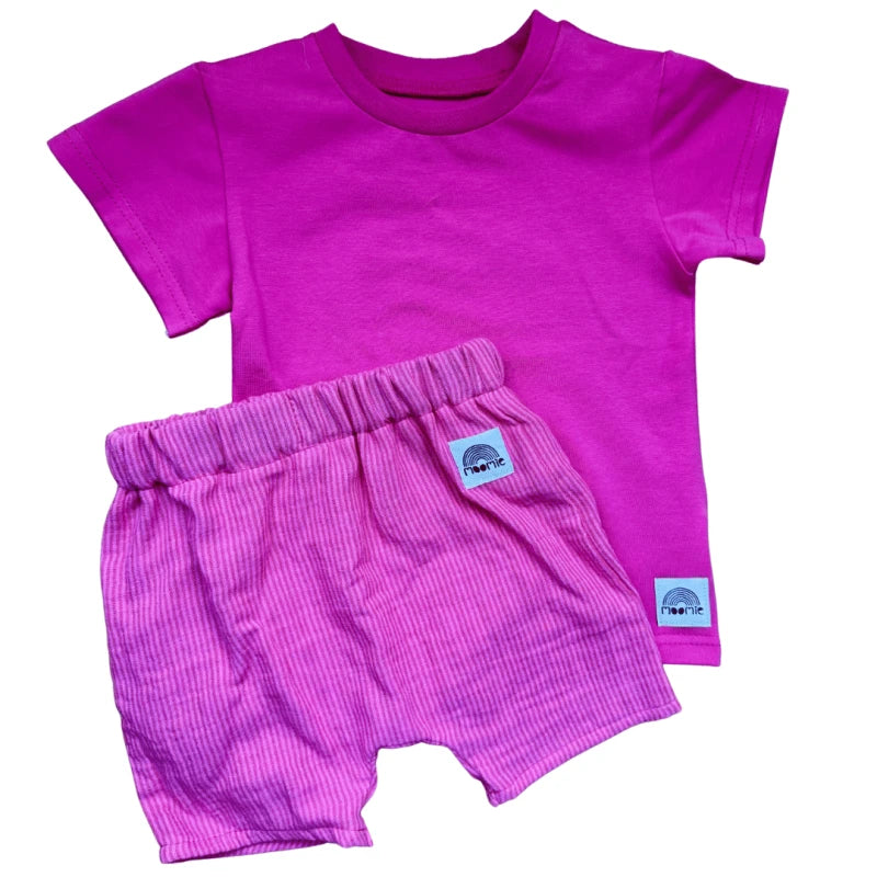 Short bébé en double gaze de coton rayé – Fuchsia & rose