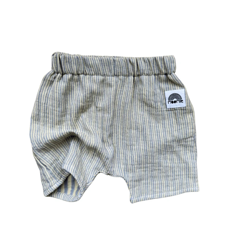 Short bébé en double gaze de coton rayé – Bleu & jaune