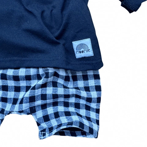 Short bébé vichy en double gaze de coton – Noir & blanc cassé – Made in France