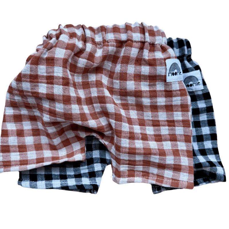 Short bébé vichy en double gaze de coton – Noir & blanc cassé – Made in France