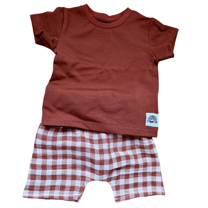 Short bébé vichy en double gaze de coton – Cognac & blanc cassé – Made in France