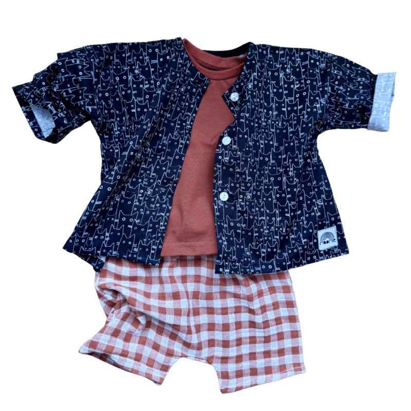 Short bébé vichy en double gaze de coton – Cognac & blanc cassé – Made in France