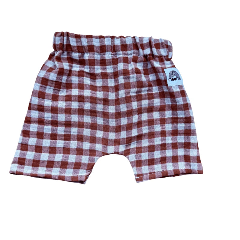 Short bébé vichy en double gaze de coton – Cognac & blanc cassé – Made in France