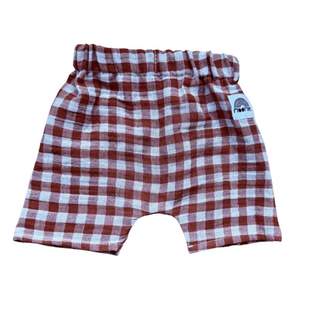 Short bébé vichy en double gaze de coton – Cognac & blanc cassé – Made in France