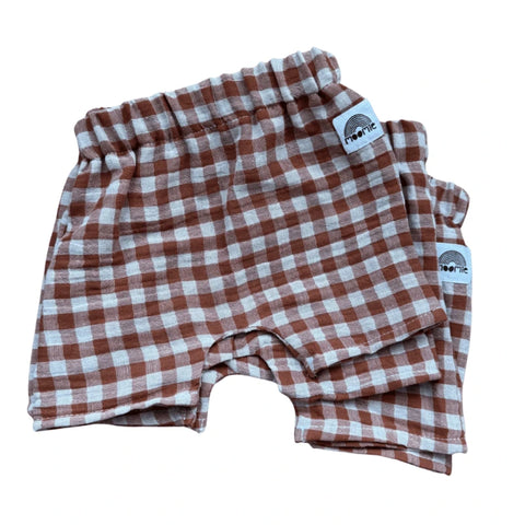Short bébé vichy en double gaze de coton – Cognac & blanc cassé – Made in France