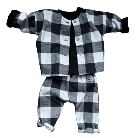 Blouse / Veste bébé en coton – Carreaux noir et blanc Made in France