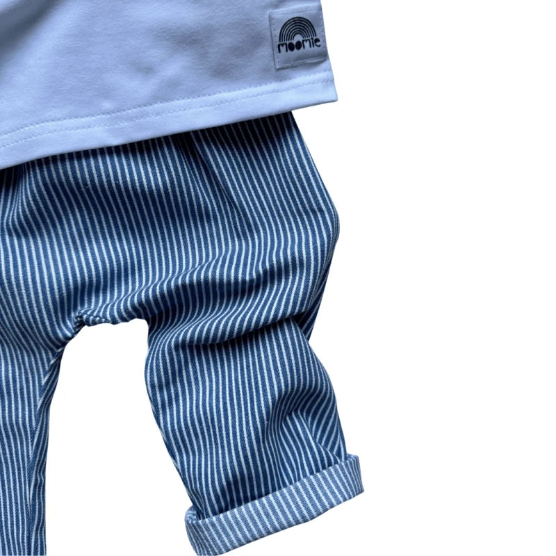 Pantalon bébé rayé bleu et blanc – coton Made in France | Moomie
